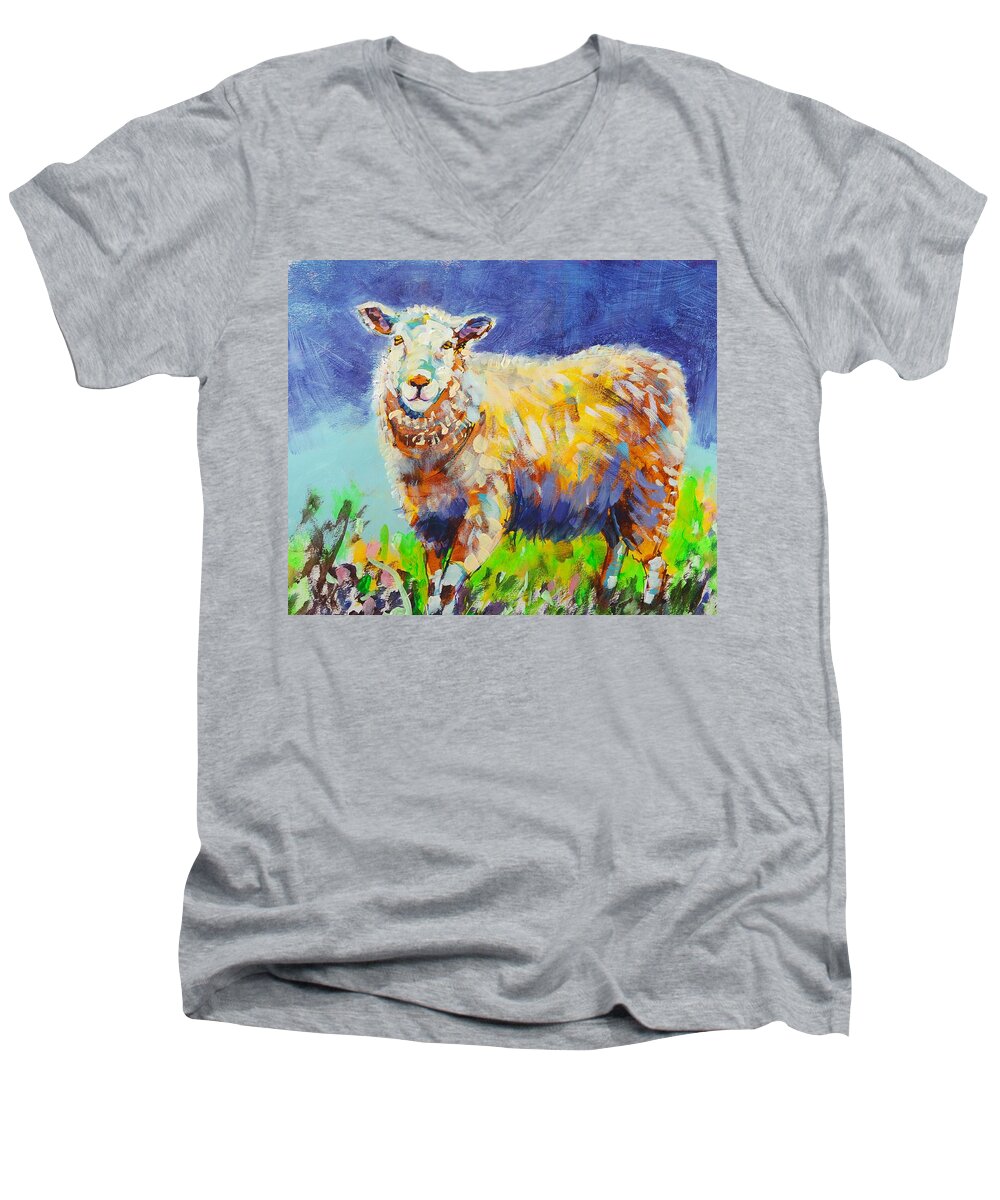 Sheep Men's V-Neck T-Shirt featuring the painting Bright Sun Sheep Painting by Mike Jory