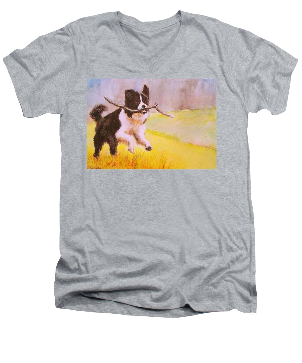  Men's V-Neck T-Shirt featuring the painting Bring Me the Stick by Bobby Walters