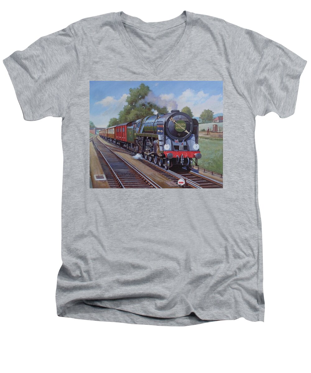 Steam Men's V-Neck T-Shirt featuring the painting Britannia Pacific on the Golden Arrow. by Mike Jeffries