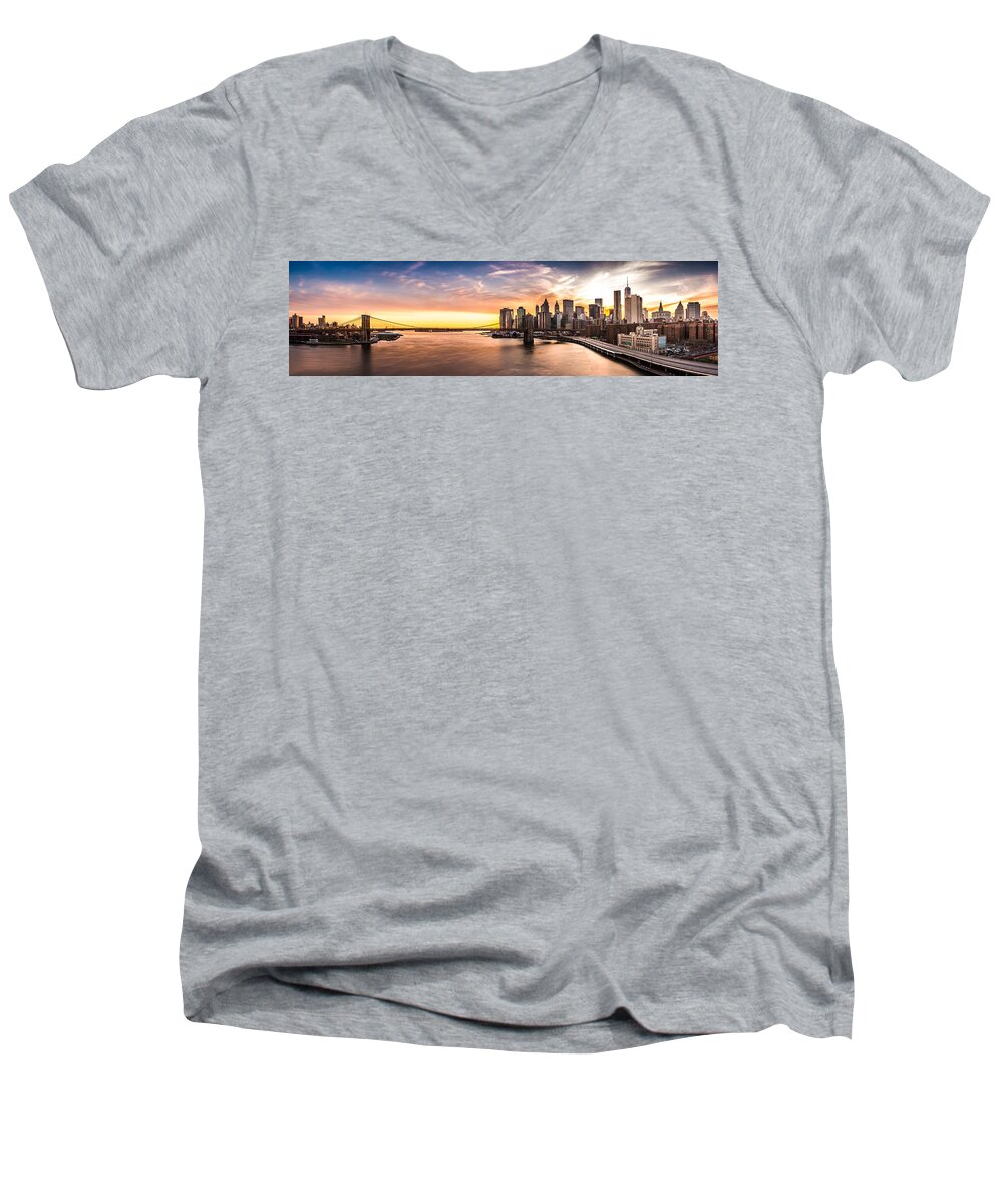 America Men's V-Neck T-Shirt featuring the photograph Brooklyn Bridge panorama by Mihai Andritoiu
