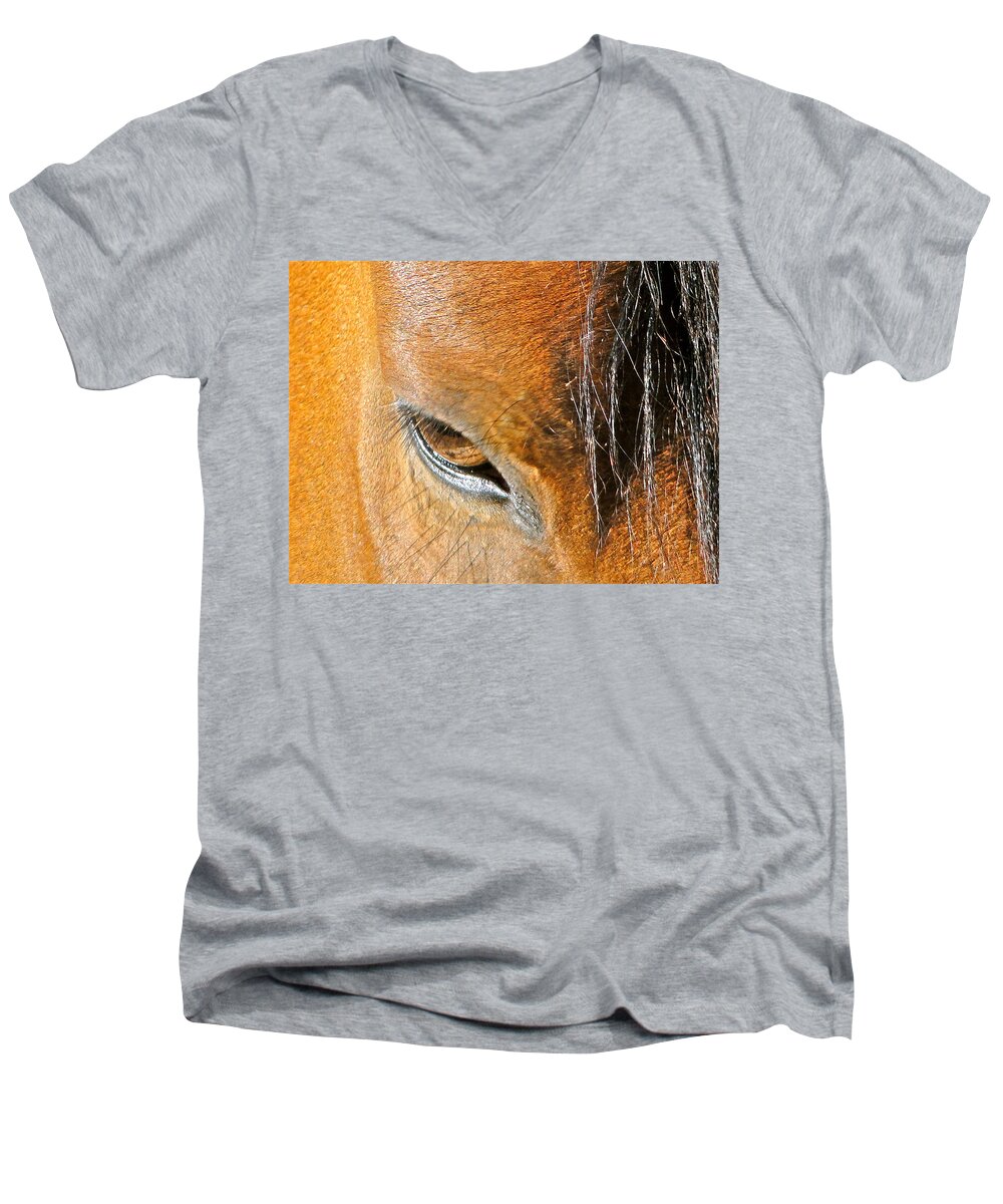 Horse Men's V-Neck T-Shirt featuring the photograph Brown-eyed Wild Horse by Liz Vernand
