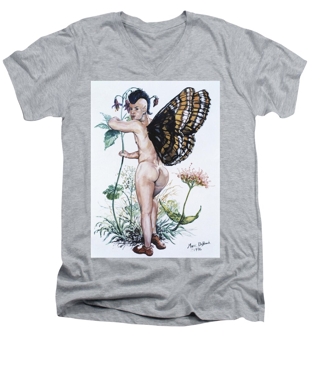 Fairy Men's V-Neck T-Shirt featuring the painting Bubble Butt Fairy by Marc DeBauch