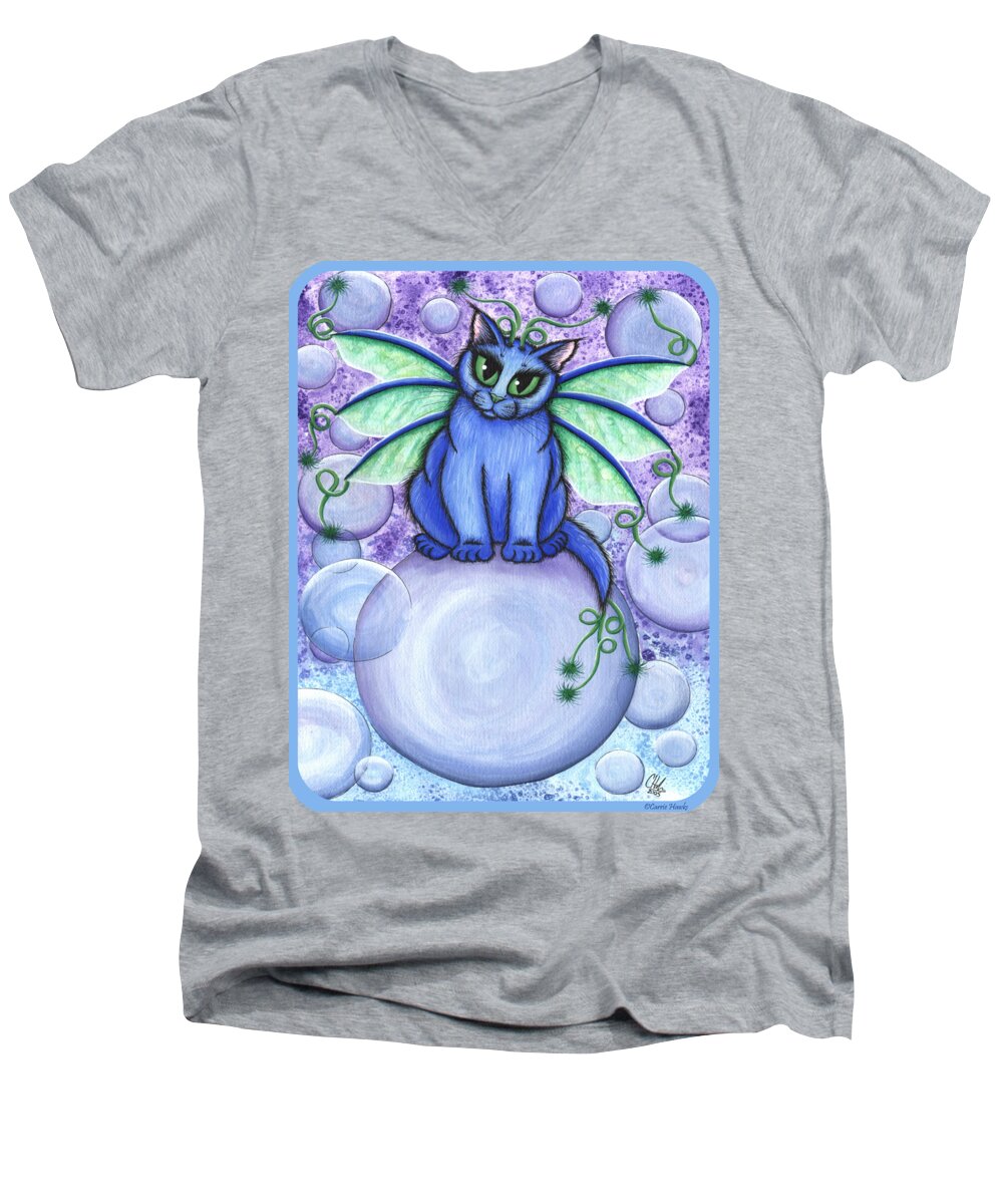 Bubbles Cute Cat Men's V-Neck T-Shirt featuring the painting Bubble Fairy Cat by Carrie Hawks