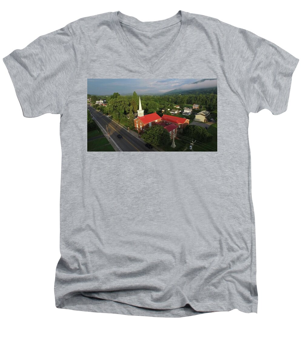 Buchanan Men's V-Neck T-Shirt featuring the photograph Buchanan Presbyterian Church Morning by Star City SkyCams