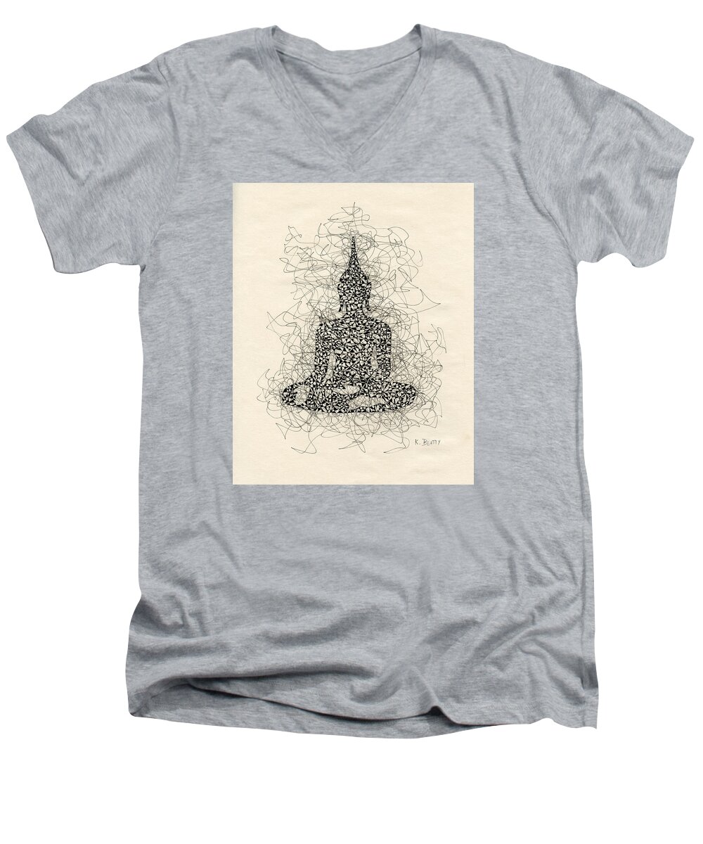 Buddha Men's V-Neck T-Shirt featuring the drawing Buddha Pen and Ink Drawing by Karla Beatty