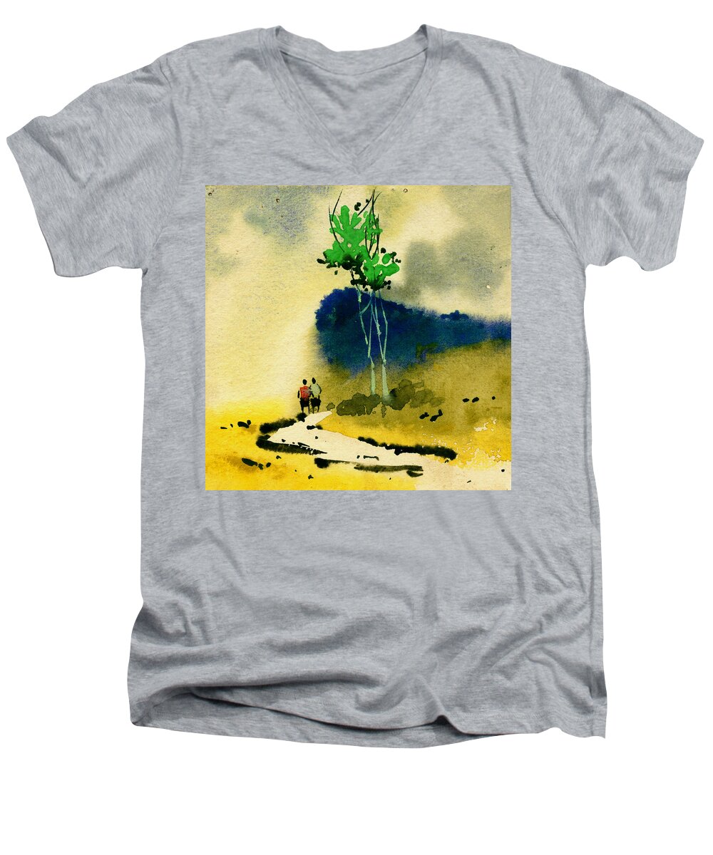 Landscape Men's V-Neck T-Shirt featuring the painting Buddies by Anil Nene
