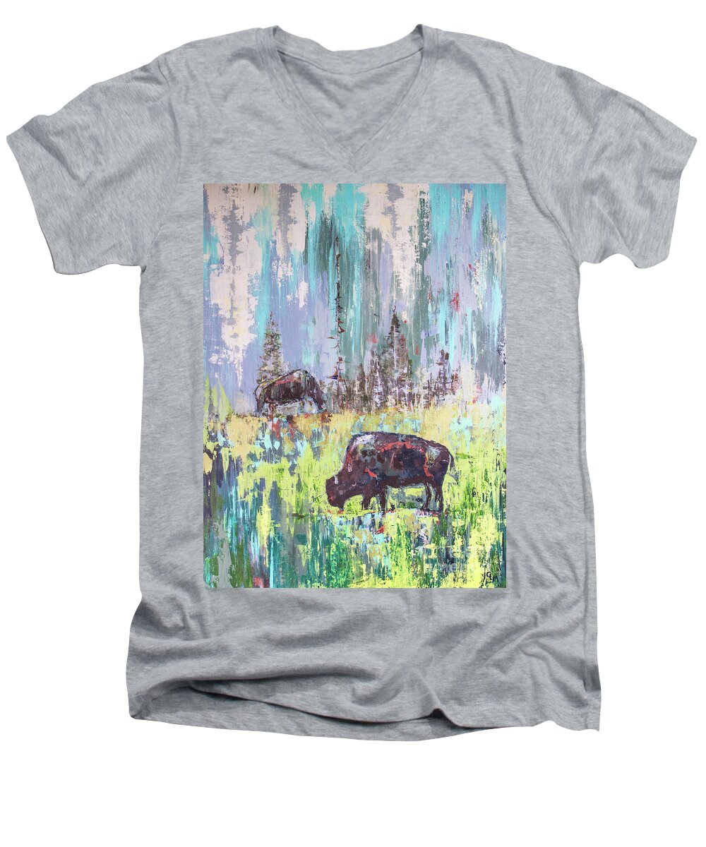 Buffalo Men's V-Neck T-Shirt featuring the painting Buffalo Grazing by Cheryl McClure