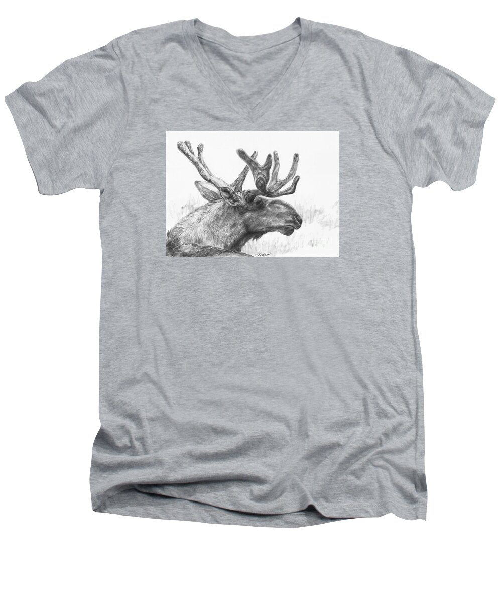 Moose Men's V-Neck T-Shirt featuring the drawing Bull moose study by Meagan Visser