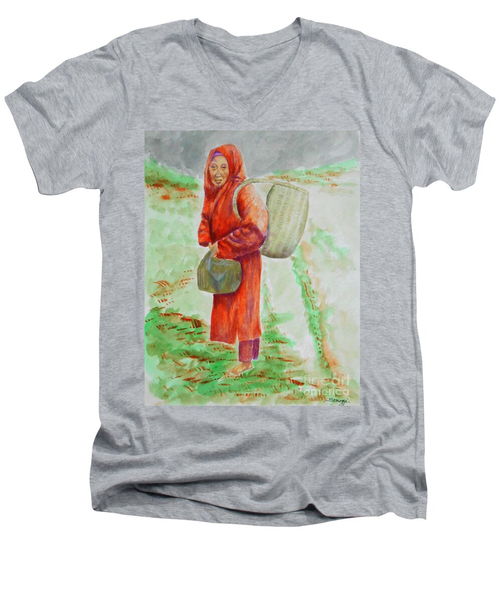 Asian Men's V-Neck T-Shirt featuring the painting Bundled and Barefoot -- Portrait of Old Asian Woman Outdoors by Jayne Somogy