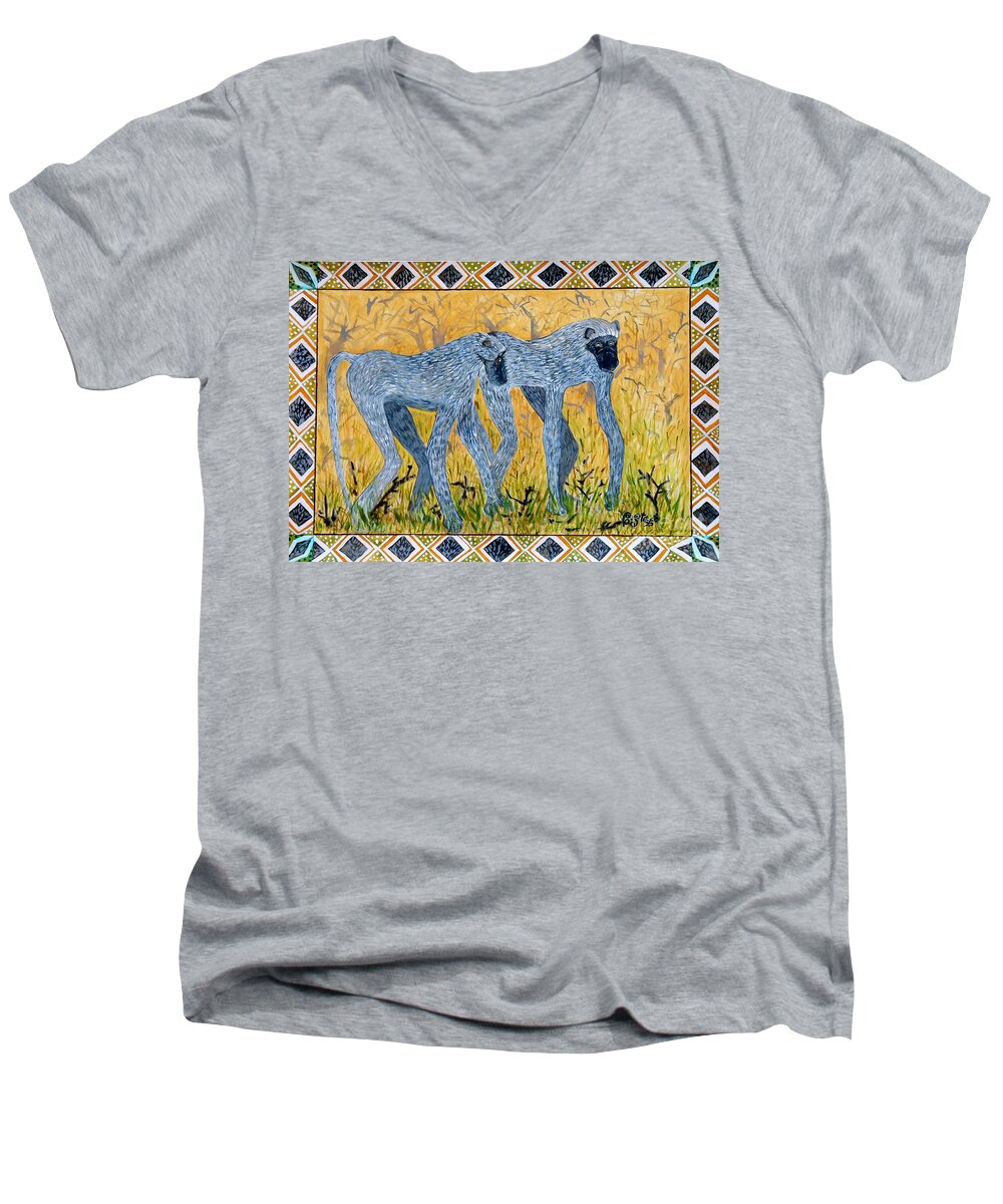 Primates Men's V-Neck T-Shirt featuring the painting Bushveld Bliss by Caroline Street