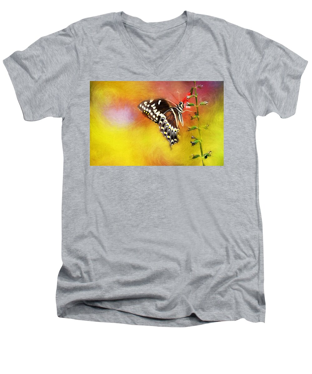 Flower Men's V-Neck T-Shirt featuring the painting Butterflies are self propelled flowers by Ches Black