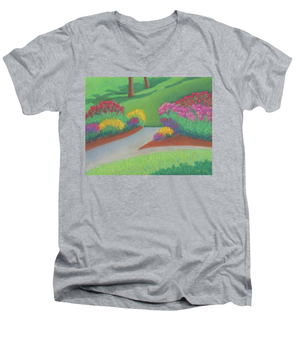 Art Men's V-Neck T-Shirt featuring the pastel Butterfly Garden by Anne Katzeff