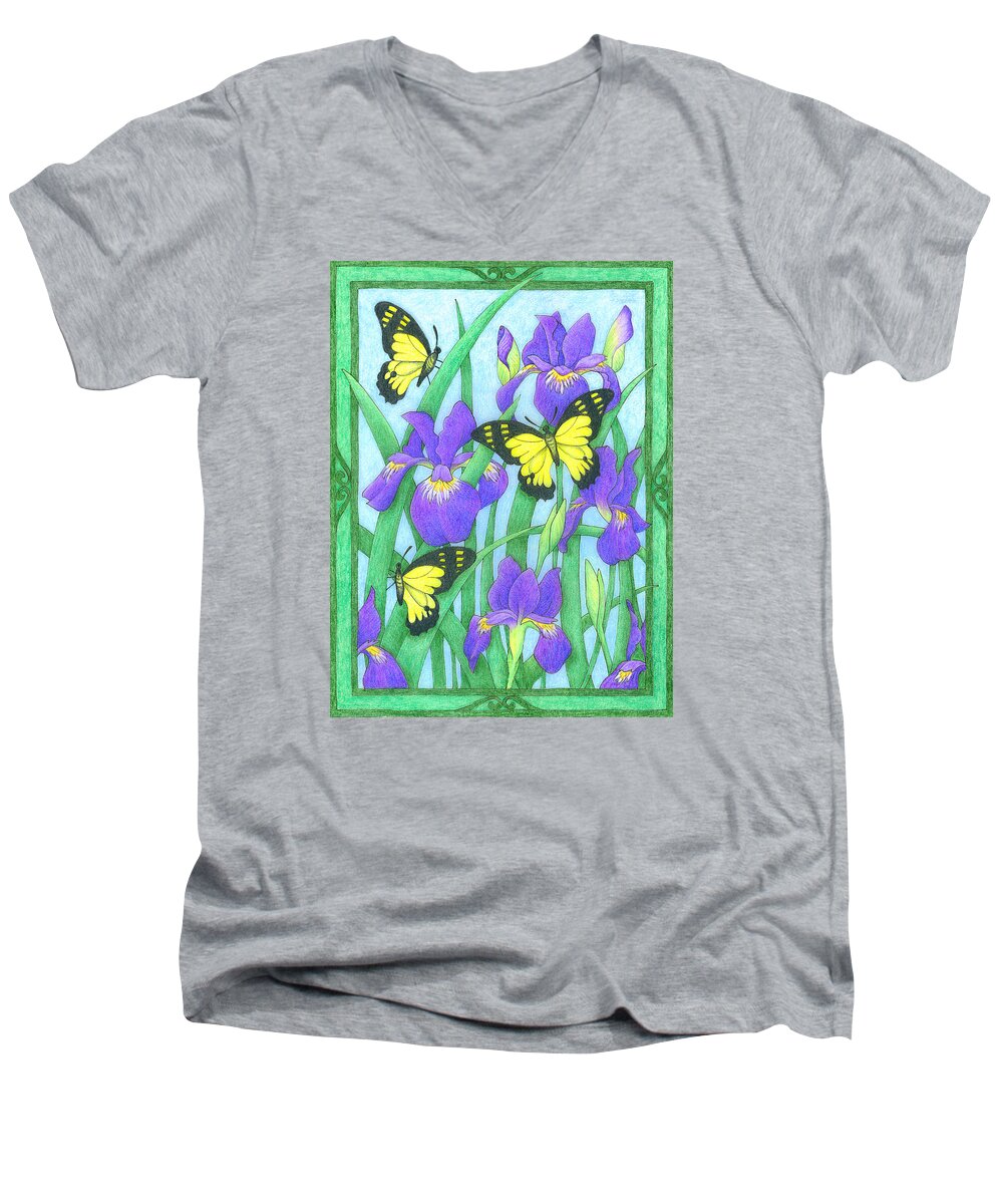 Nature Men's V-Neck T-Shirt featuring the drawing Butterfly Idyll-Irises by Alison Stein