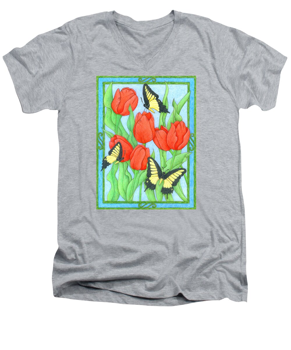 Flower Men's V-Neck T-Shirt featuring the drawing Butterfly Idyll-Tulips by Alison Stein