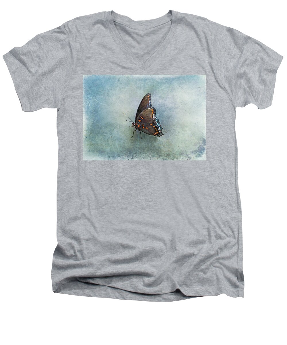 Butterfly Men's V-Neck T-Shirt featuring the photograph Butterfly on Blue by Sandy Keeton