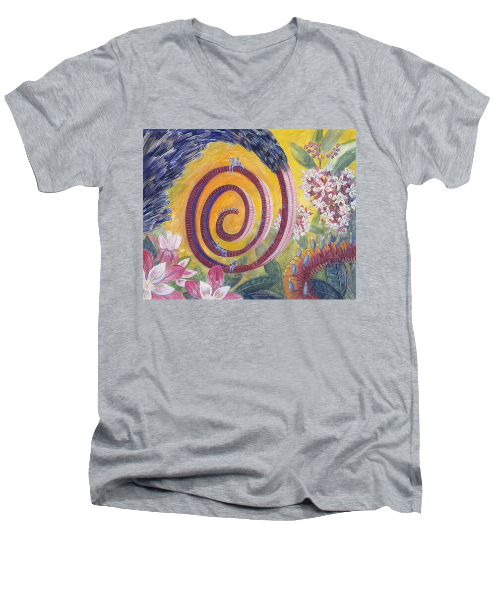 Butterfly Men's V-Neck T-Shirt featuring the painting Butterfly's 'Tongue' by Shoshanah Dubiner