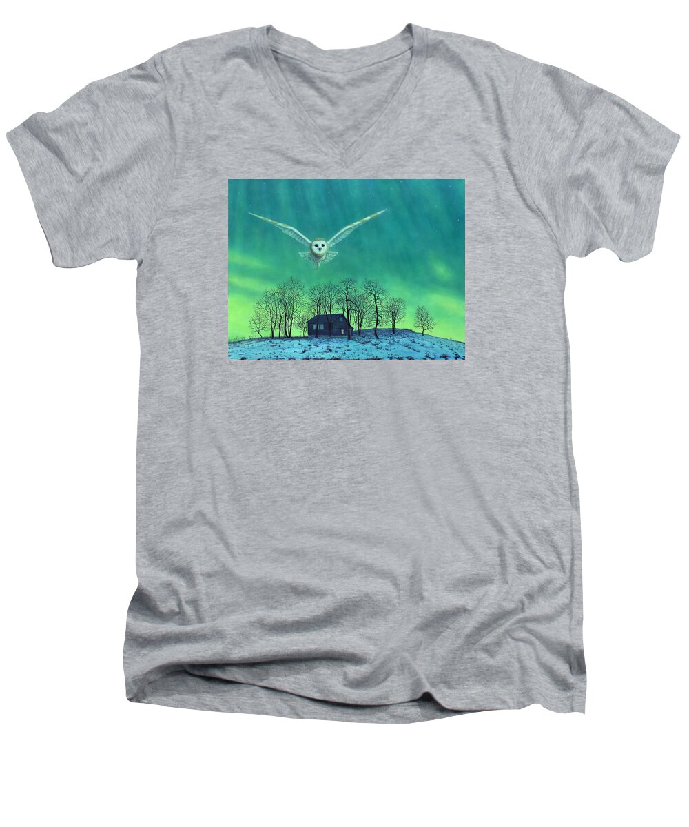 Aurora Borealis Men's V-Neck T-Shirt featuring the painting Cabin Comfort by James W Johnson