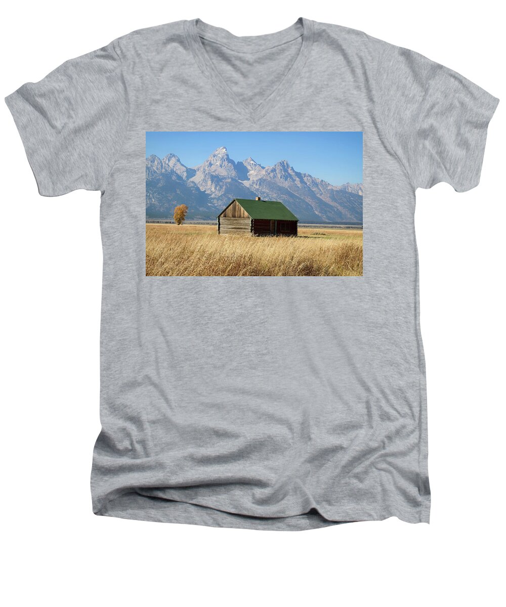 Tetons Men's V-Neck T-Shirt featuring the photograph Cabin with a View by Shirley Mitchell