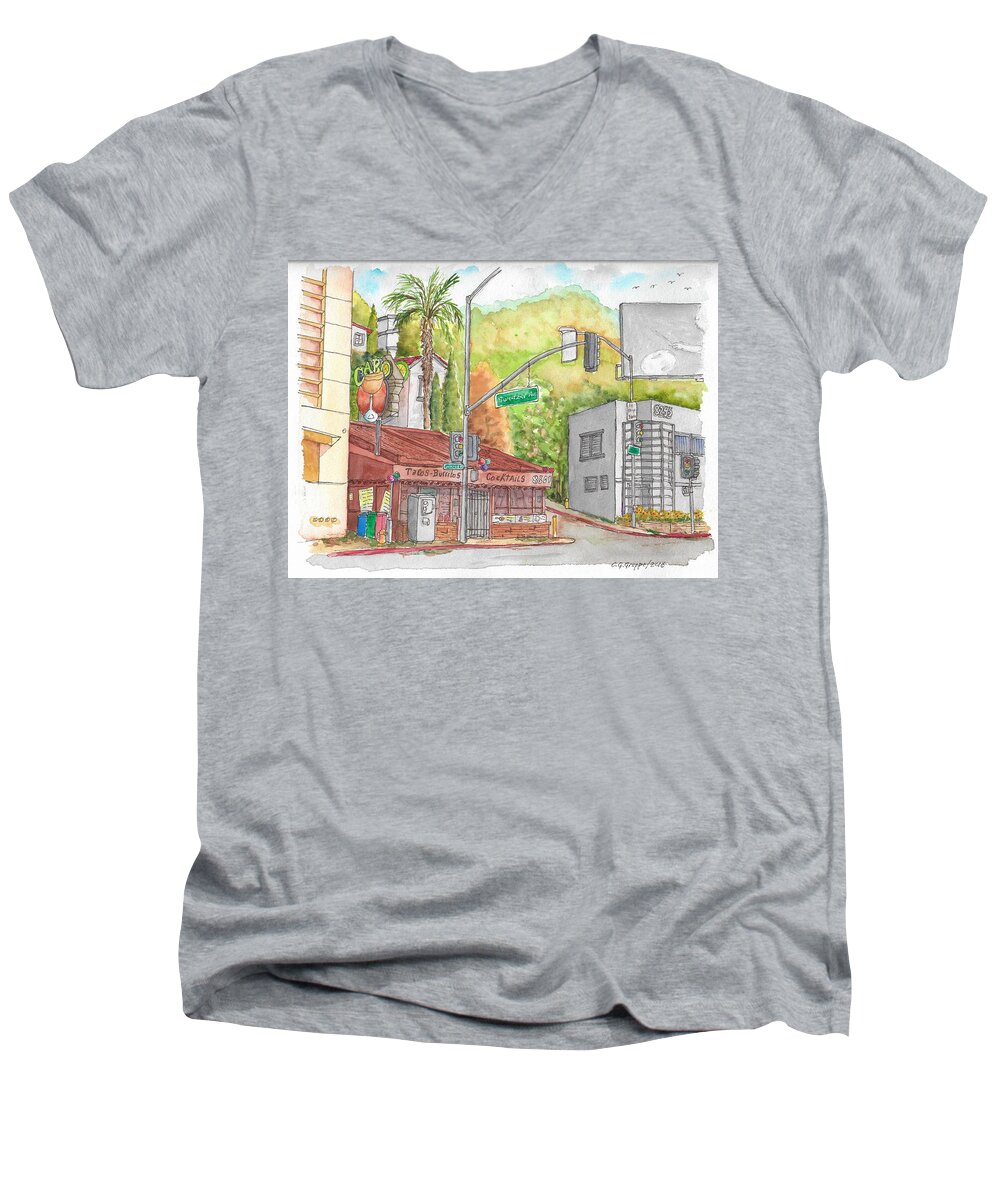 Cantina Men's V-Neck T-Shirt featuring the painting Cabo Cantina, Sunset Blvd and Sweetzer Ave., West Hollywood, California by Carlos G Groppa