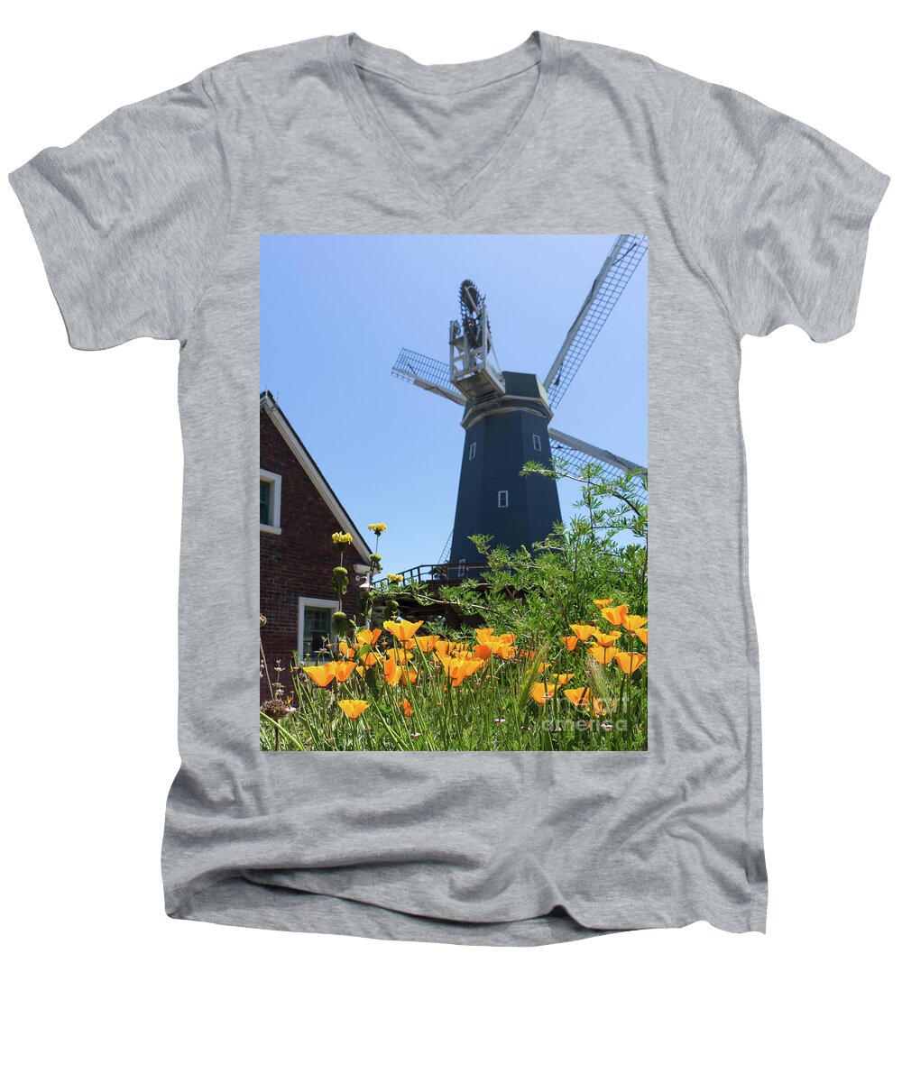 Wingsdomain Men's V-Neck T-Shirt featuring the photograph California Poppies At The Murphy Windmill San Francisco Golden Gate Park San Francisco Ca DSC6355 by San Francisco