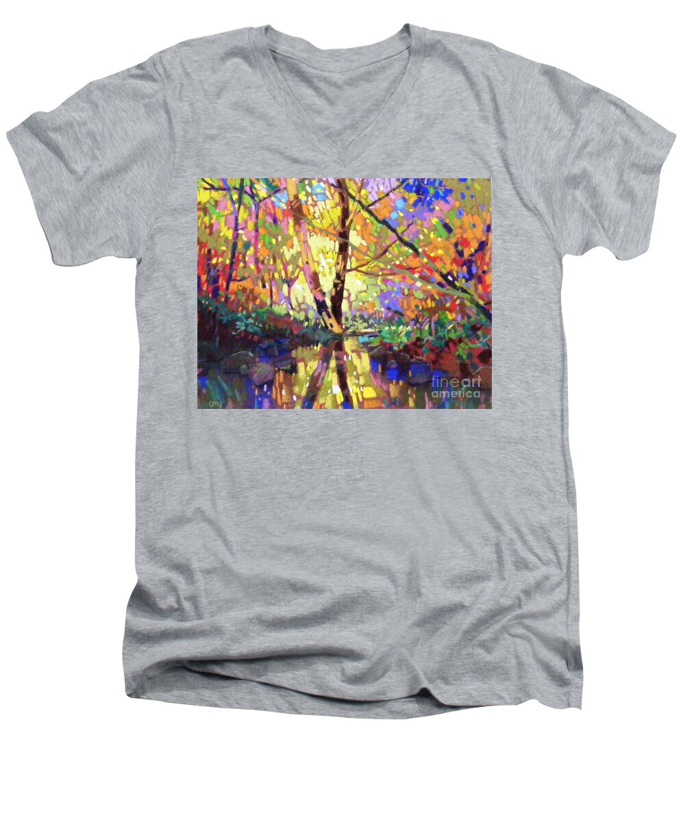 Water Reflection Men's V-Neck T-Shirt featuring the painting Calm reflection by Celine K Yong