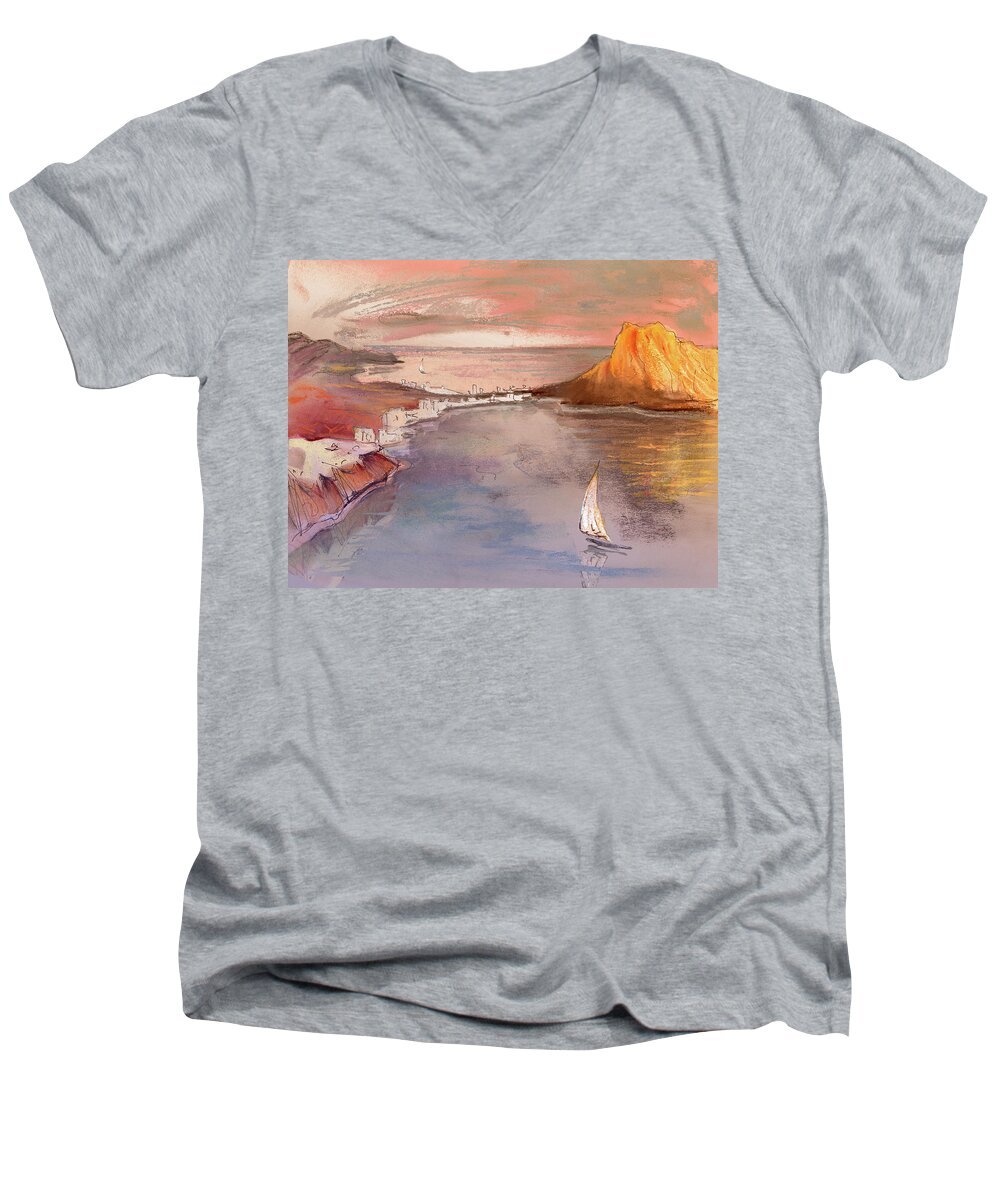 Spain Men's V-Neck T-Shirt featuring the painting Calpe at Sunset by Miki De Goodaboom