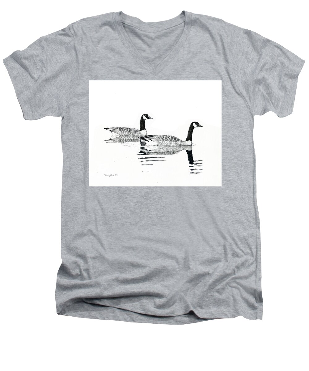 Canada Geese Men's V-Neck T-Shirt featuring the drawing Canada Geese by Timothy Livingston