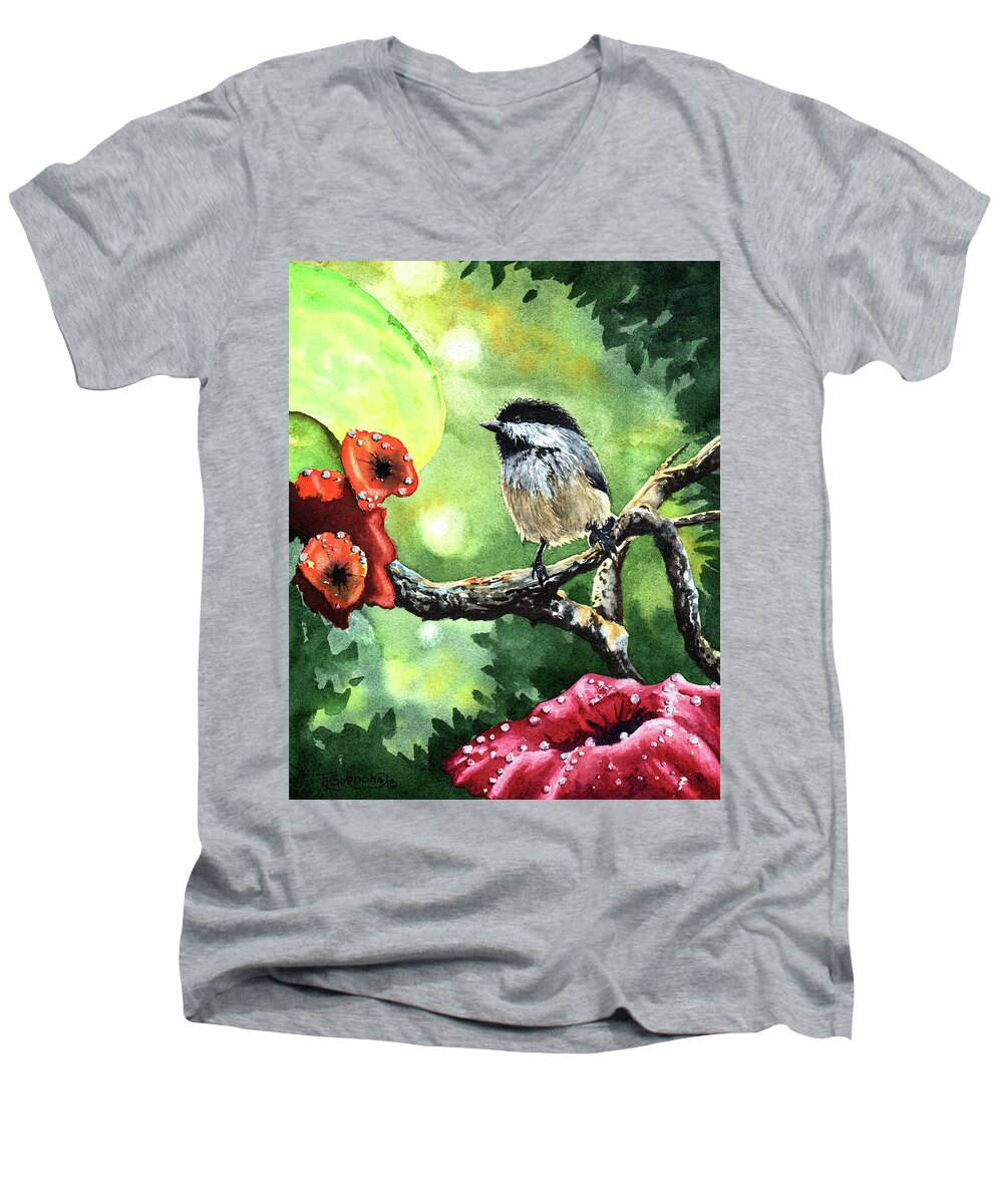 Morning Men's V-Neck T-Shirt featuring the painting Canadian Chickadee by Timithy L Gordon