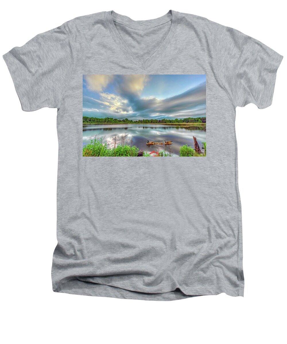 Animal Men's V-Neck T-Shirt featuring the photograph Canadian Geese on a Marylamd pond by Patrick Wolf