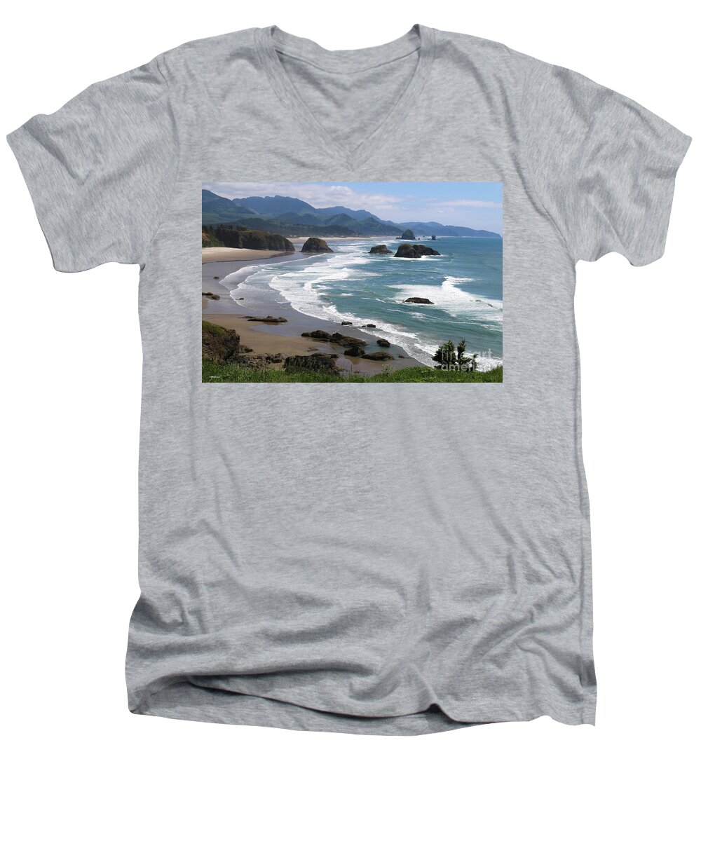 Cannon Beach Men's V-Neck T-Shirt featuring the photograph Cannon Beach Oregon by Veronica Batterson