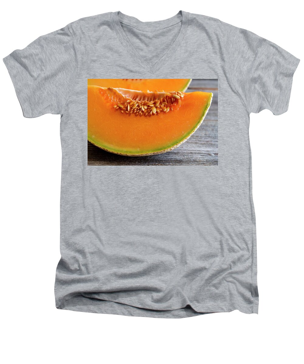 Cantaloupe Men's V-Neck T-Shirt featuring the photograph Cantaloupe Melon Close Up by Teri Virbickis