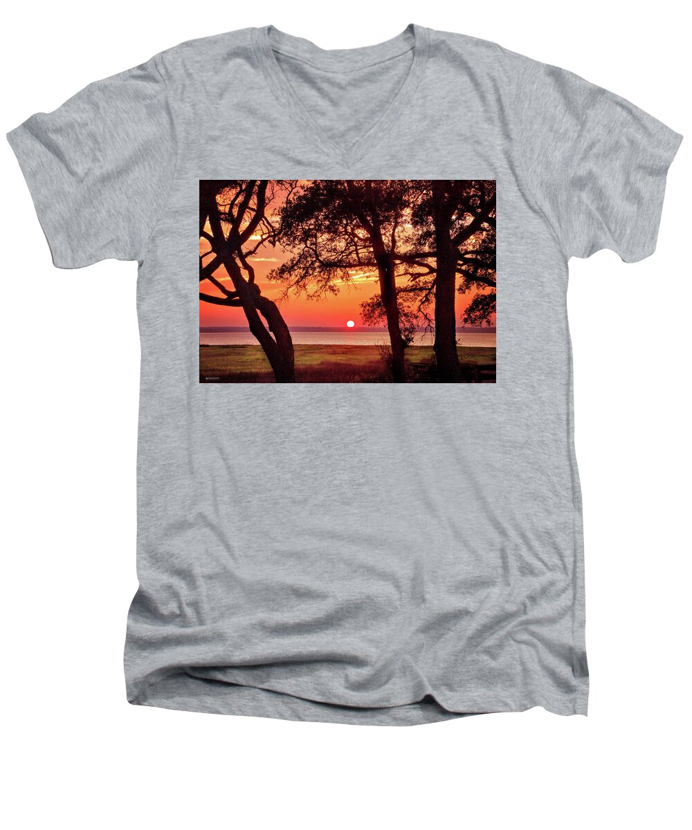 Cape Fear Fort Fisher Sunset Print Men's V-Neck T-Shirt featuring the photograph Cape Fear Tranquility by Phil Mancuso