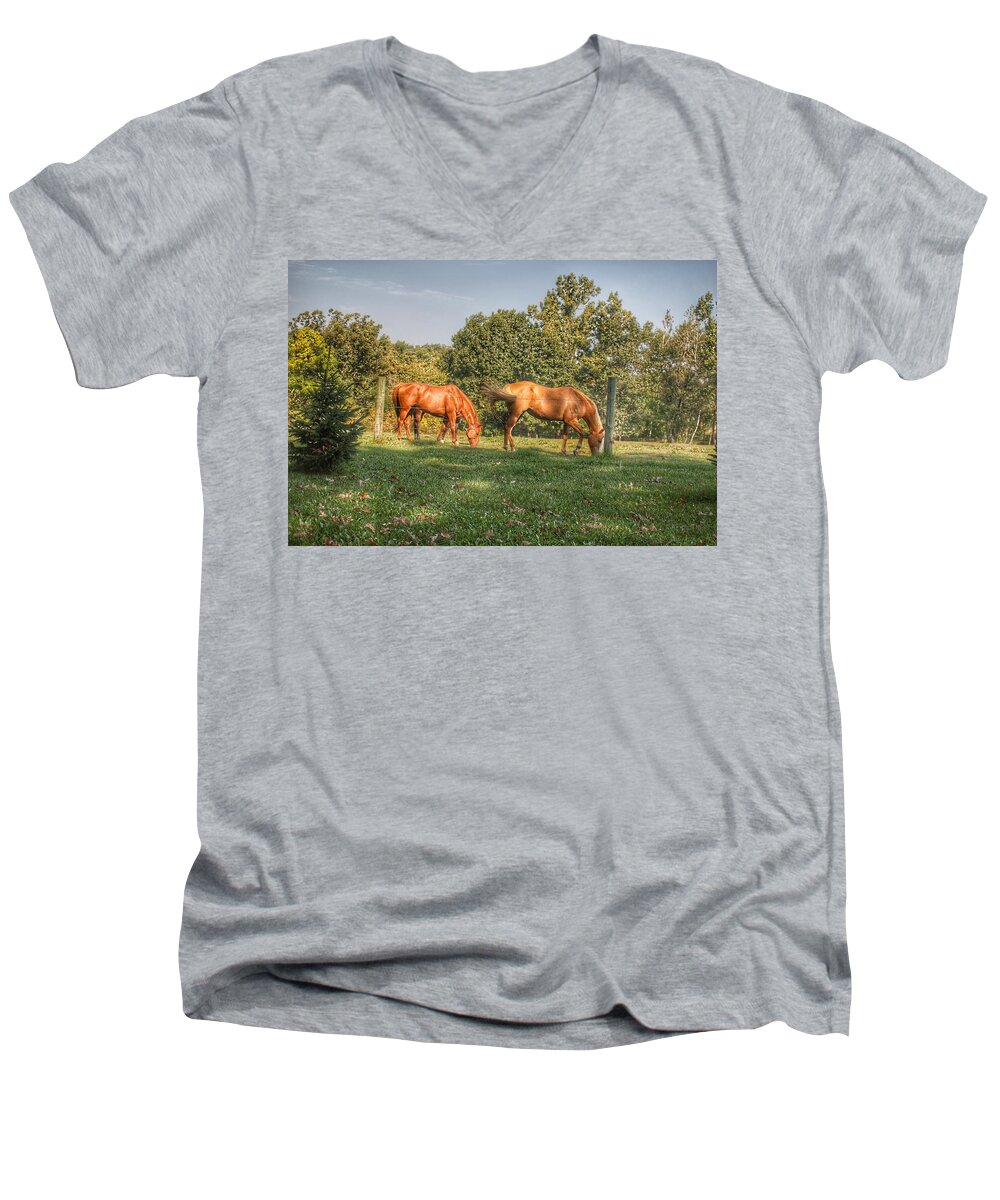 Horses Men's V-Neck T-Shirt featuring the photograph 1006 - Caramel Horses I by Sheryl L Sutter