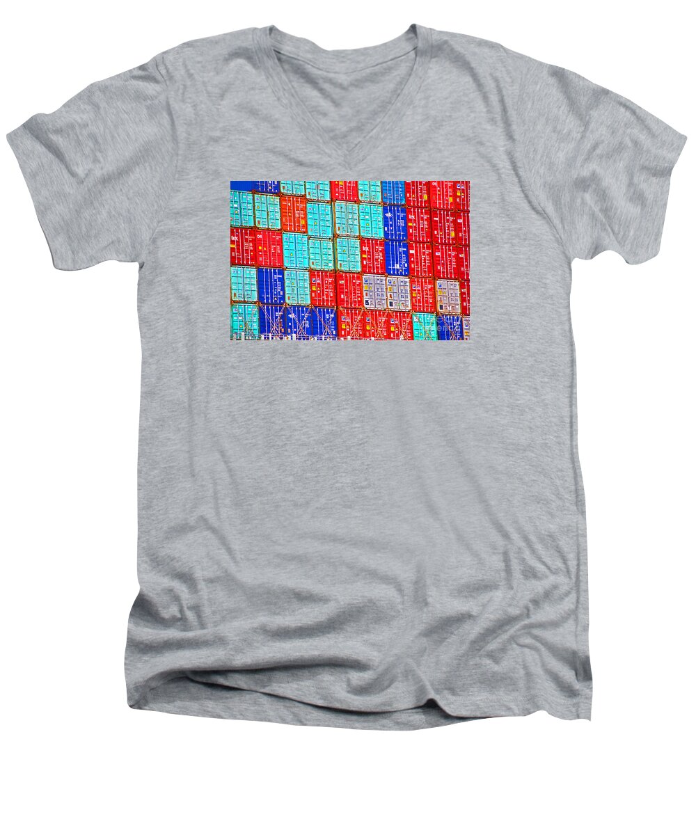 Cargo Men's V-Neck T-Shirt featuring the photograph Cargo Containers Red White and Blue by David Frederick