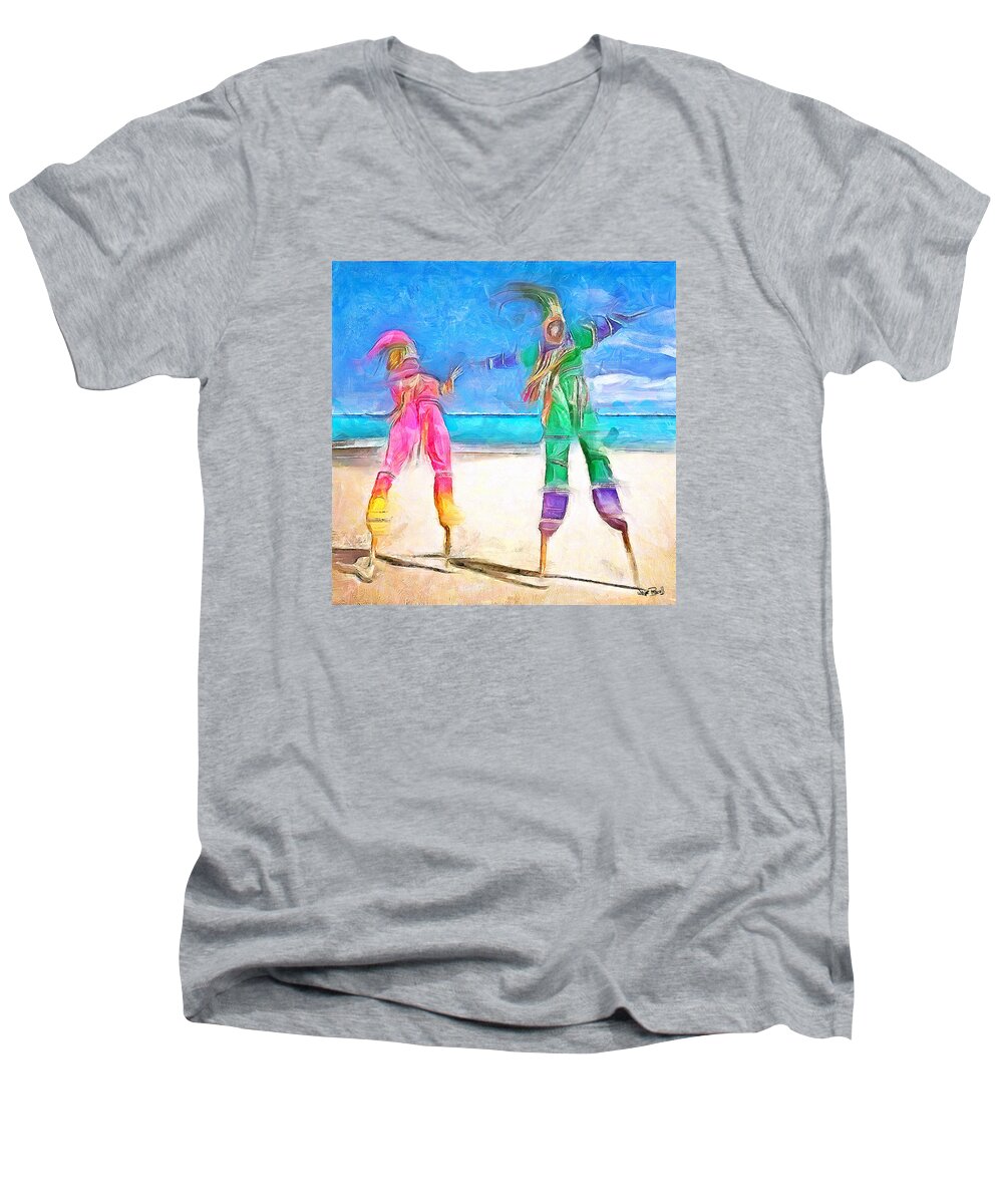 Moko Jumbie Men's V-Neck T-Shirt featuring the painting Caribbean Scenes - Moko Jumbie by Wayne Pascall