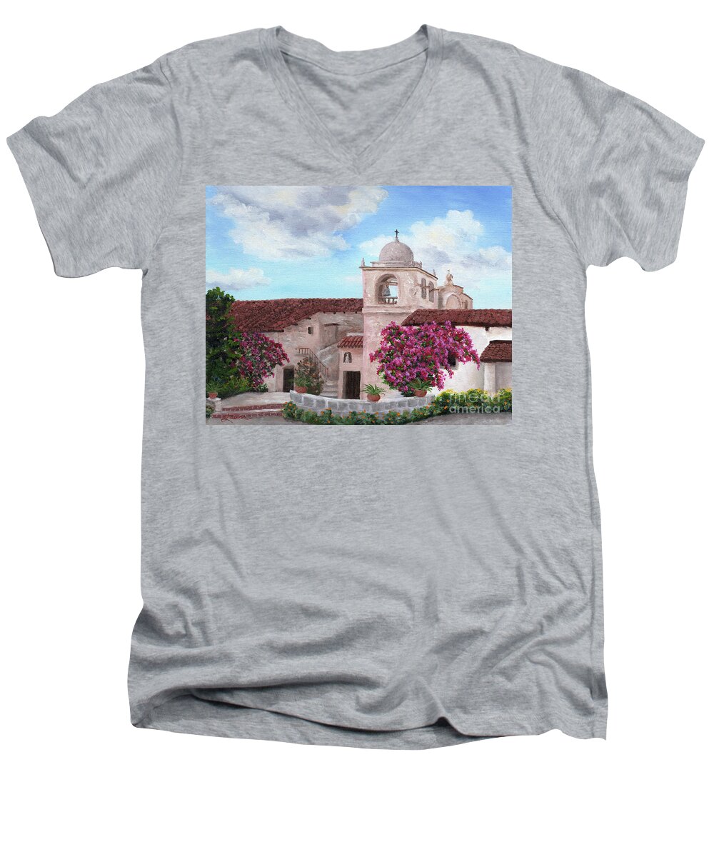 California Men's V-Neck T-Shirt featuring the painting Carmel Mission in Spring by Laura Iverson