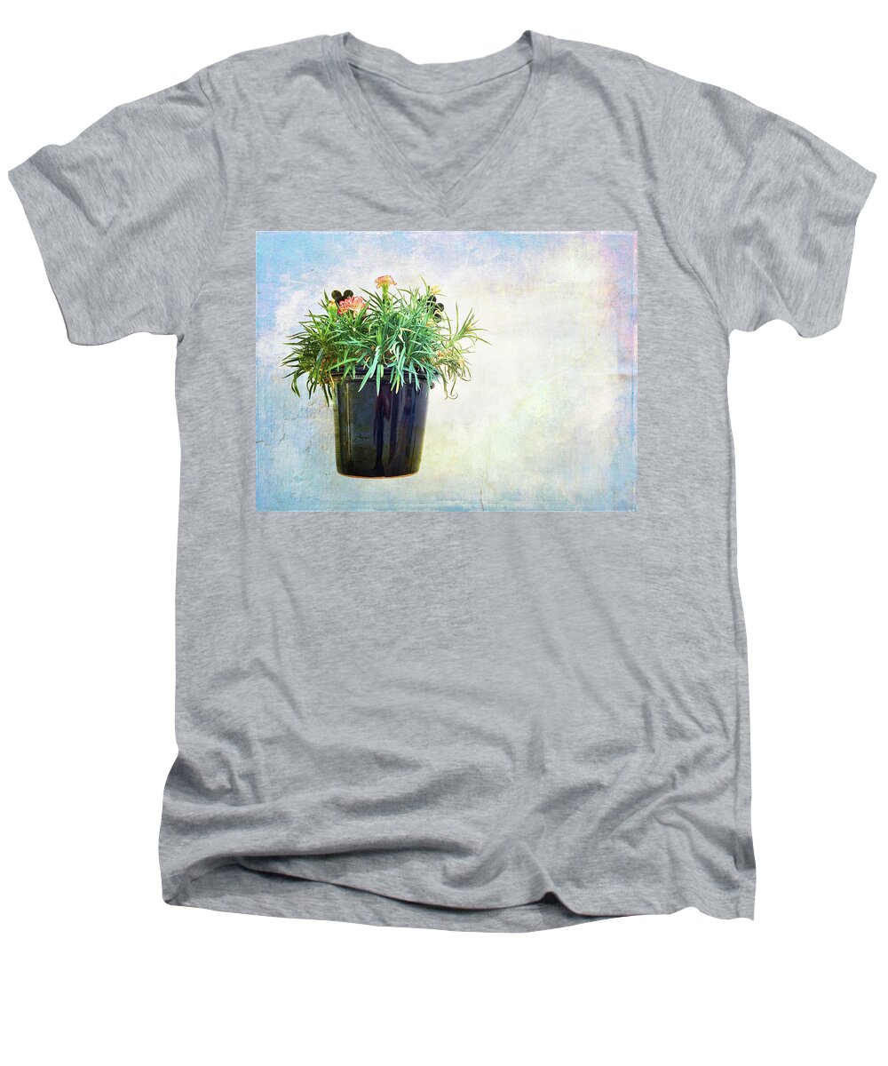 Carnation Men's V-Neck T-Shirt featuring the photograph Carnations in a pot on artistic background by GoodMood Art