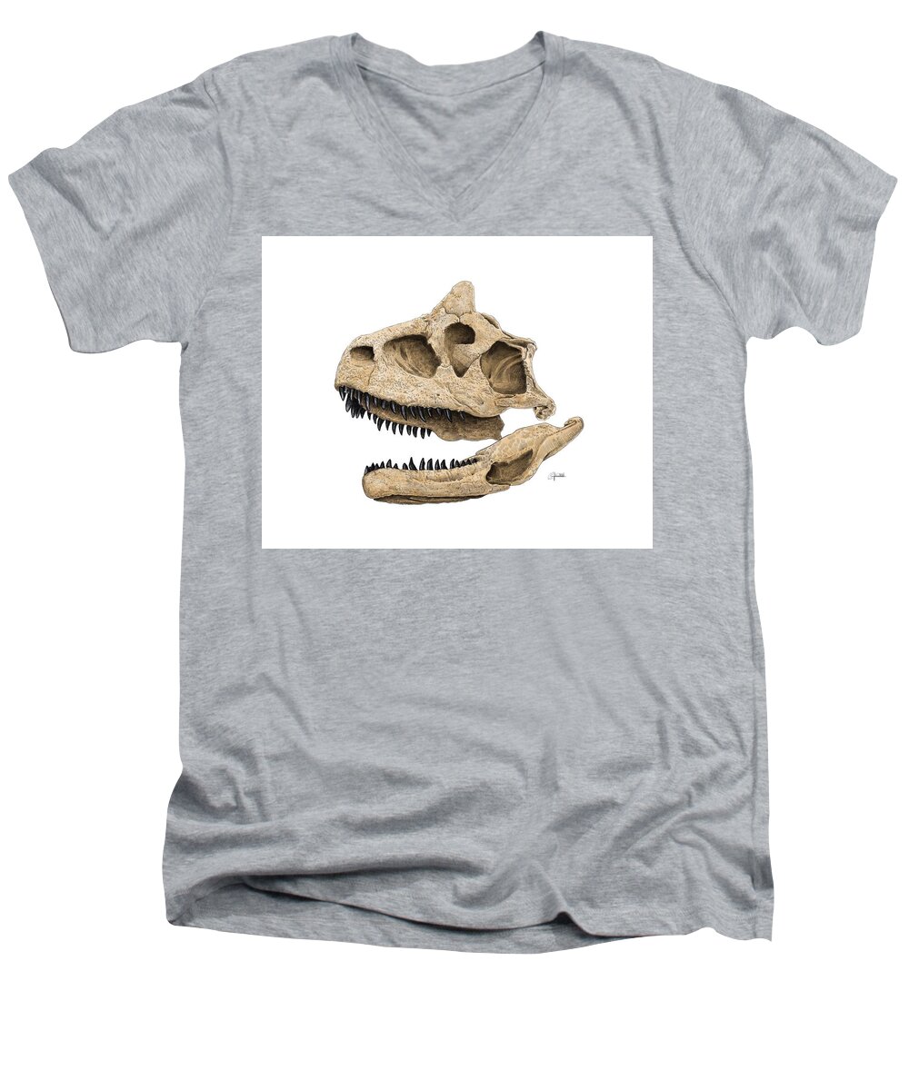 Carnotaurus Men's V-Neck T-Shirt featuring the digital art Carnotaurus Skull by Rick Adleman