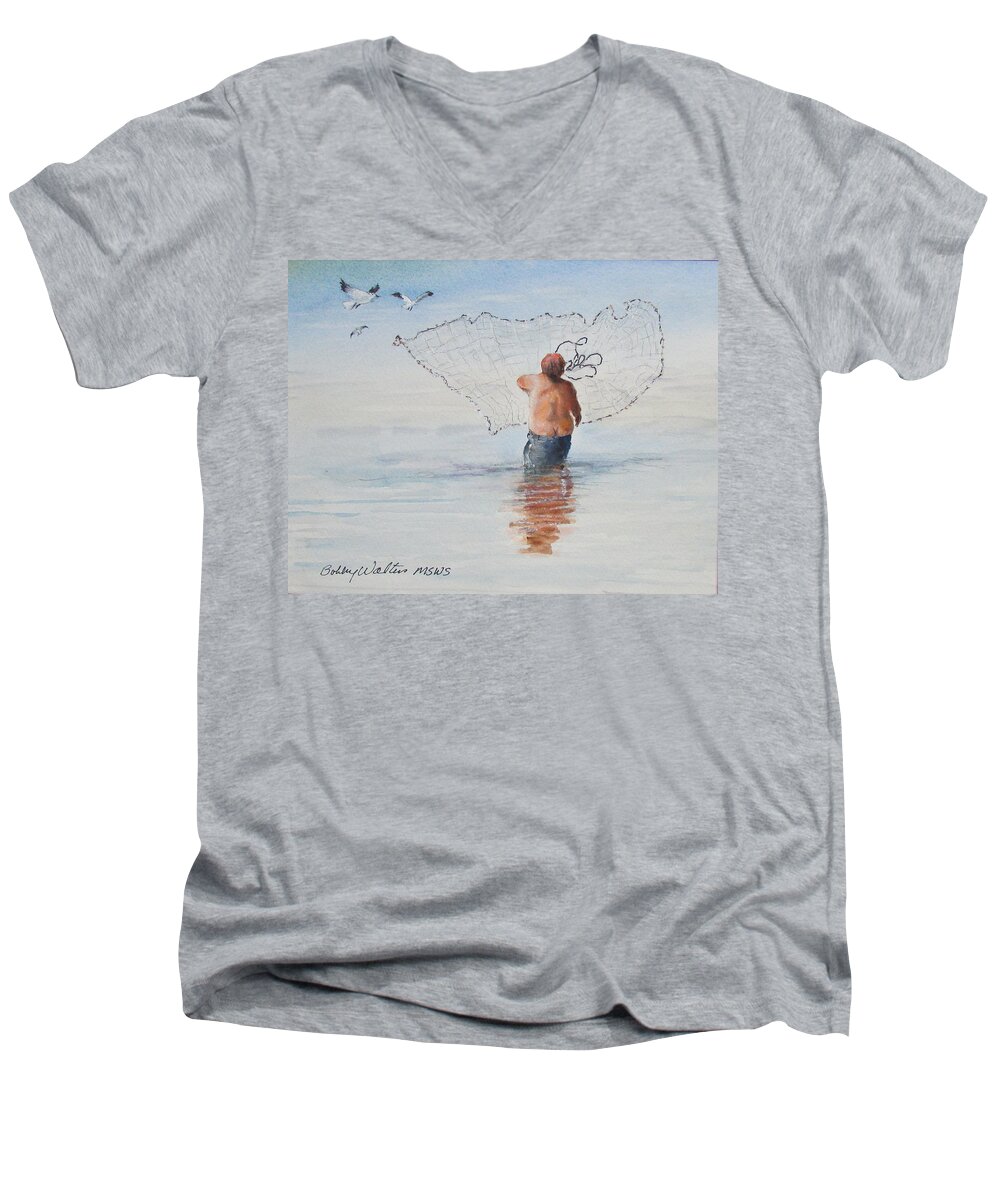  Men's V-Neck T-Shirt featuring the painting Cast Net Fishing by Bobby Walters