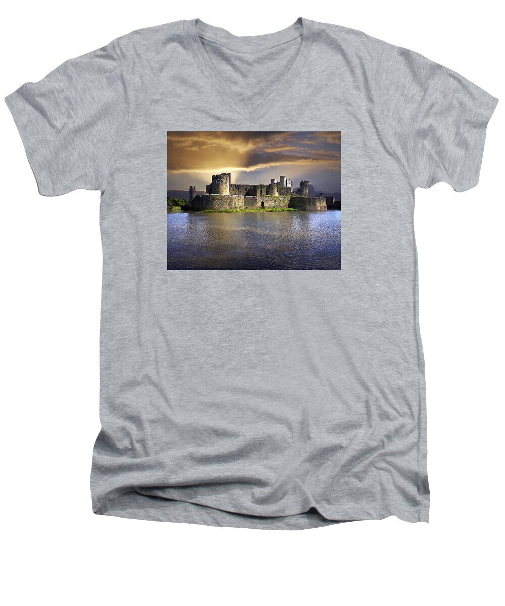 Castle Men's V-Neck T-Shirt featuring the digital art Castle at Dawn by Vicki Lea Eggen
