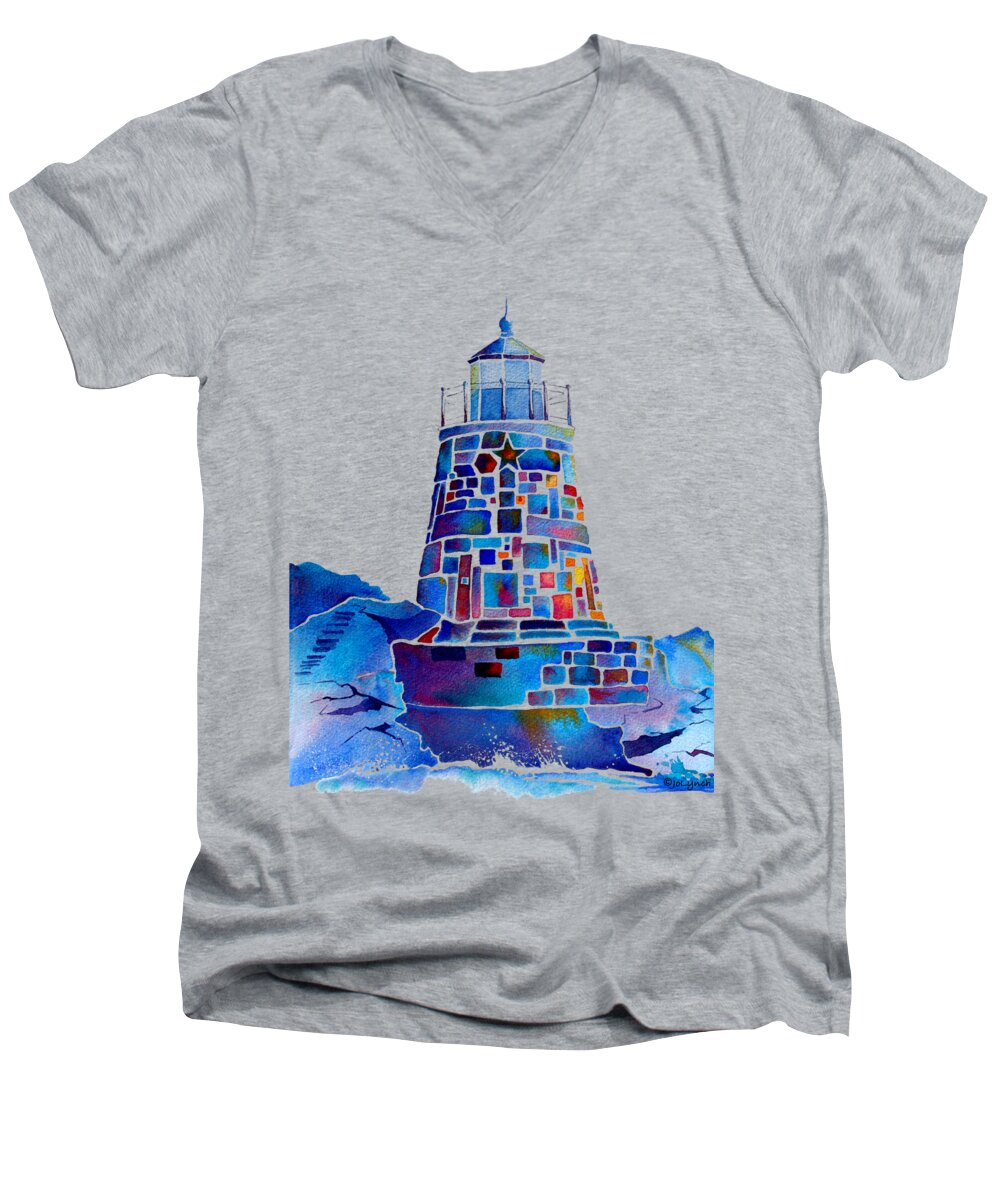 Newport Lighthouse Men's V-Neck T-Shirt featuring the painting Castle Hill Newport Lighthouse by Jo Lynch