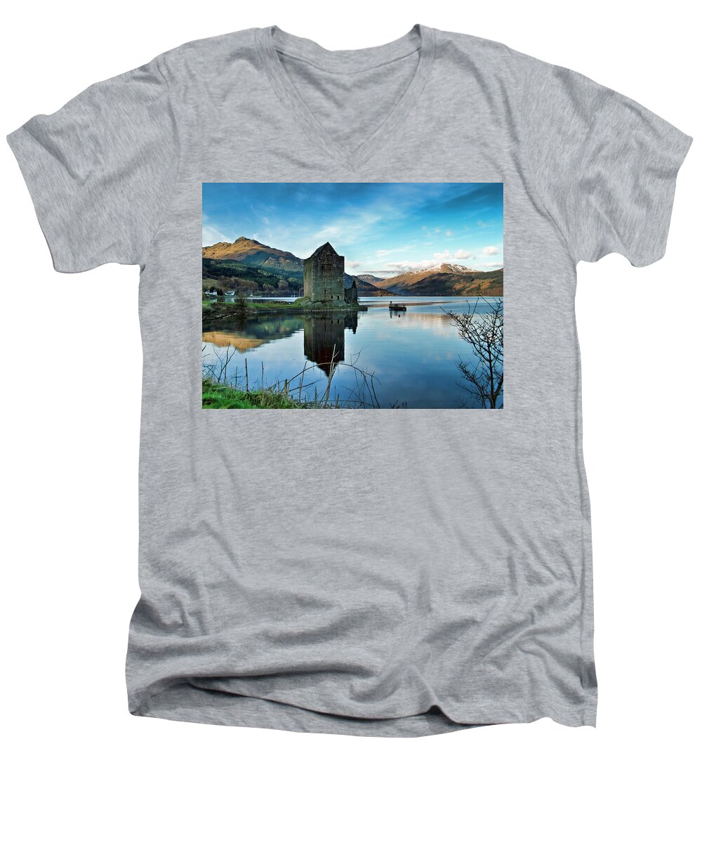 Castle Men's V-Neck T-Shirt featuring the photograph Castle on the Loch by Lynn Bolt