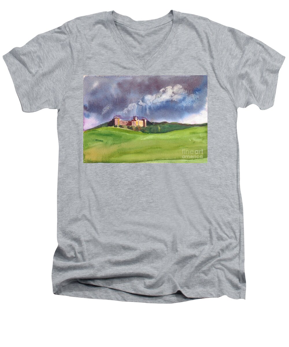 Castle And The Clouds Men's V-Neck T-Shirt featuring the painting Castle under clouds by Asha Sudhaker Shenoy