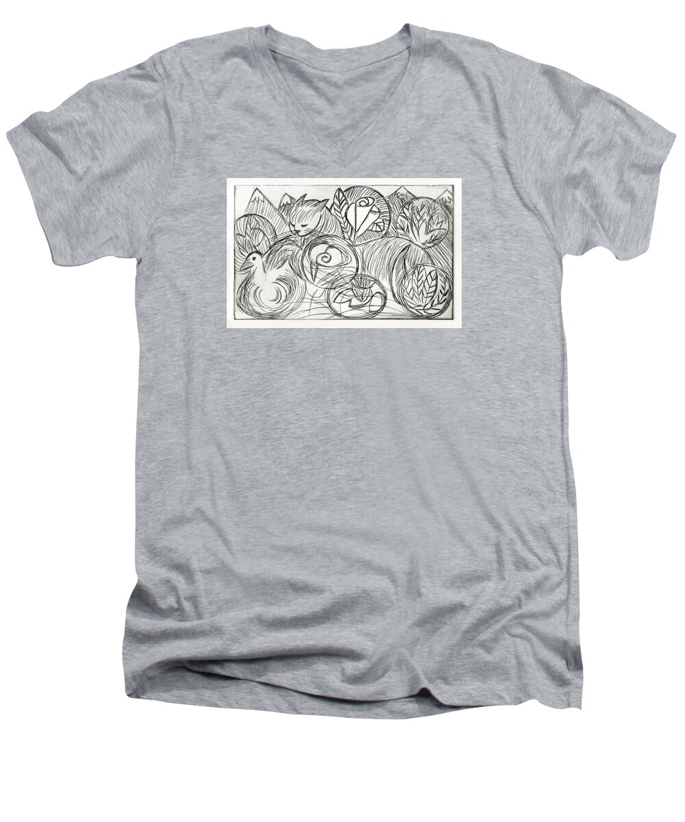sheryl Karas Men's V-Neck T-Shirt featuring the drawing Cat in the Dreamtime by Sheryl Karas