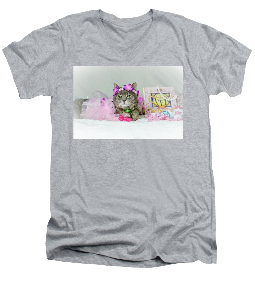 Cat Men's V-Neck T-Shirt featuring the photograph Cat Tea Party by Tammy Ray