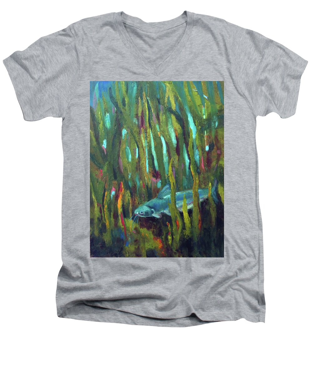 Catfish Men's V-Neck T-Shirt featuring the painting Catfish by Art Nomad Sandra Hansen