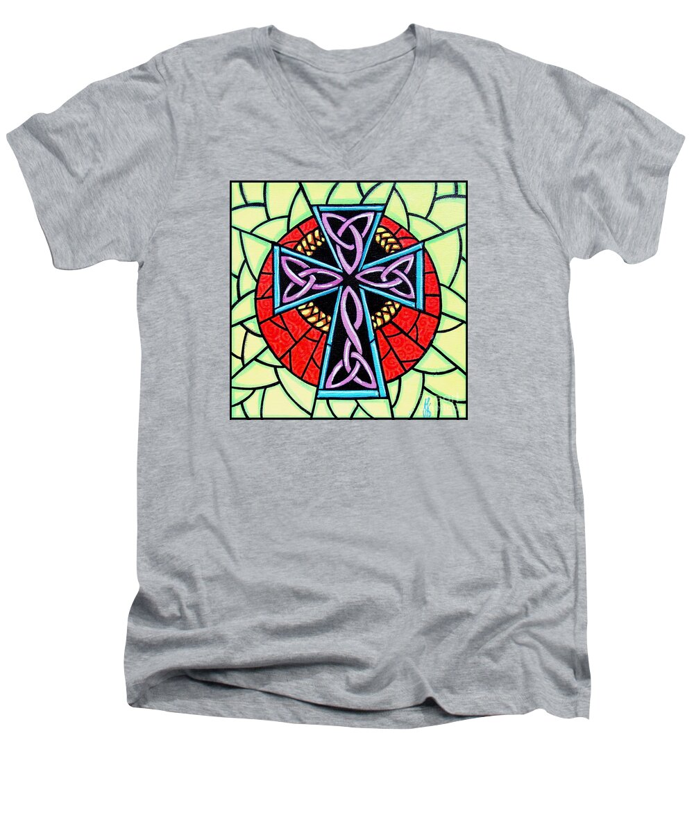 Celtic Men's V-Neck T-Shirt featuring the painting Celtic Cross by Jim Harris