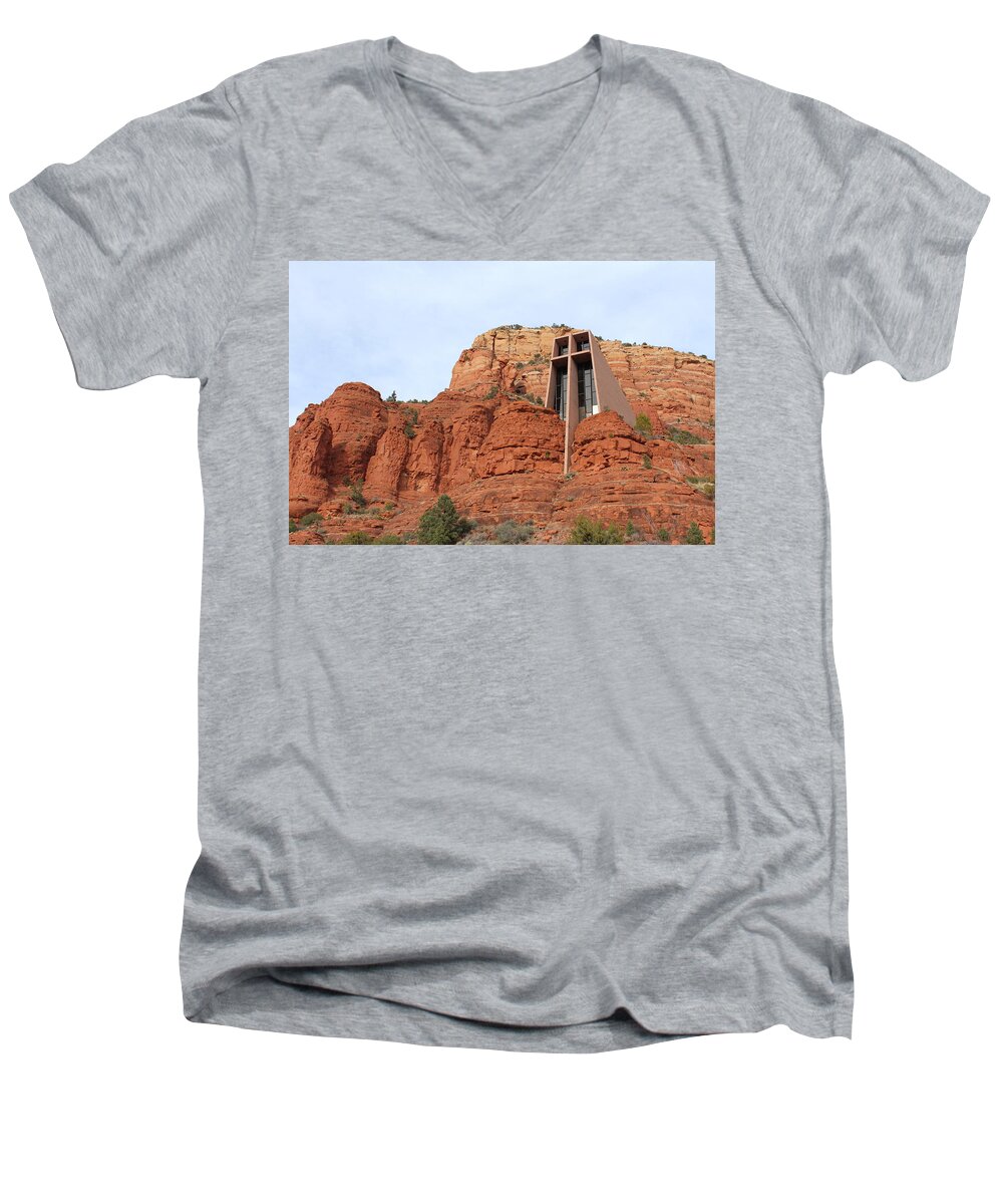 Sedona Men's V-Neck T-Shirt featuring the photograph Chapel of the Holy Cross by Samantha Delory
