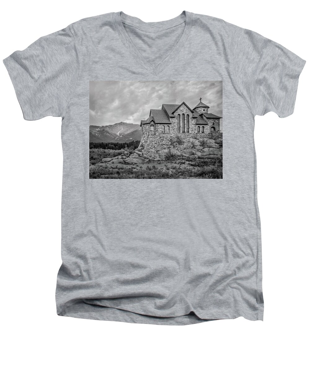 Estes Park Men's V-Neck T-Shirt featuring the photograph Chapel On The Rock - Black and White by James Woody