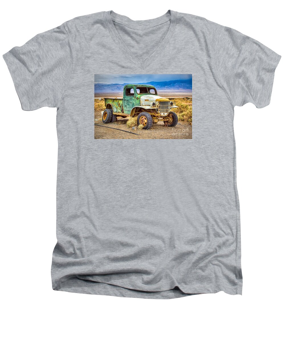Death Valley Men's V-Neck T-Shirt featuring the photograph The Charles Manson Forgotten Getaway Truck by Mimi Ditchie